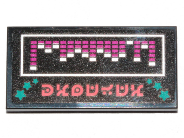 Lego Tile 2 x 4 with Magenta and White Striped Bars, Dark Turquoise Stars and Coral Alien Characters Pattern (Sticker) - Set 70828