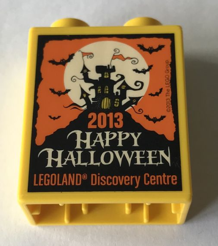 Lego Duplo, Brick 1 x 2 x 2 with 2013 Happy Halloween LEGOLAND Discovery Centre Pattern / Yellow