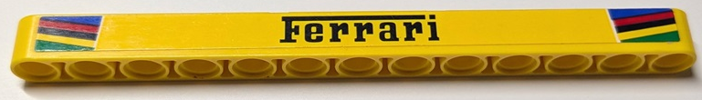 Lego Technic, Liftarm Thick 1 x 13 with 'Ferrari' and Green, Yellow, Black, Red, and Blue Stripes Pattern (Sticker) - Set 42125 / Yellow