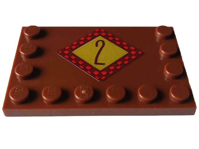 Lego Tile, Modified 4 x 6 with Studs on Edges with Reddish Brown Number 2 on Gold Diamond with Dark Red Checkered Border Pattern (Sticker) - Set 4002023