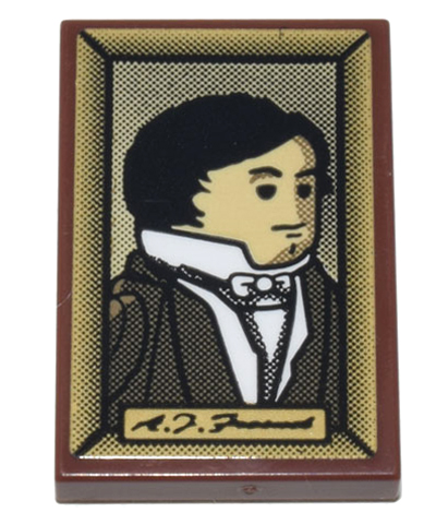 Lego Tile 2 x 3 with Framed Portrait of Man with Suit, White Shirt, and Bow Tie and Black Script 'A. J. Fresnel' Pattern (Sticker) - Set 21335 / Reddish Brown