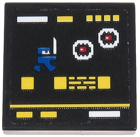 Lego Tile 2 x 2 with Video Game Display with Blue Ninja, White Monsters with Red Eyes and Yellow Squares and Rectangles Pattern (Sticker) - Set 71712