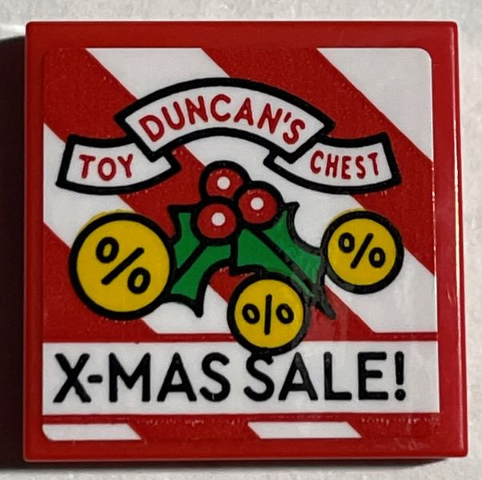 Lego Tile 2 x 2 with 'DUNCAN'S TOY CHEST', Holly Leaves, Berries and 'X-MAS SALE!' Pattern (Sticker) - Set 21330 / Red