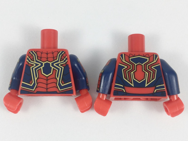 Lego Torso Spider-Man Dark Blue and Gold Spider and Trim, Black Webs Pattern / Dark Blue Arms with Gold and Red Armor, Black Webs Pattern / Red Hands