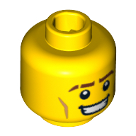 Lego Minifig Head Jungle Boy, Thick Brown Eyebrows, Cheek Lines and Open Mouth Smile Print [Blocked Open Stud] / Yellow