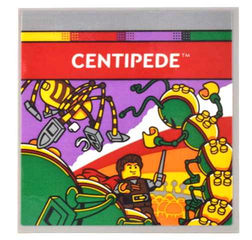 Lego Tile 6 x 6 with Bottom Tubes, Textured Surface with Game Cartridge White 'CENTIPEDE' on Red Banner and Minifigure Fighting Spider and Centipedes Pattern (Sticker) - Set 10306 / Light Bluish Gray