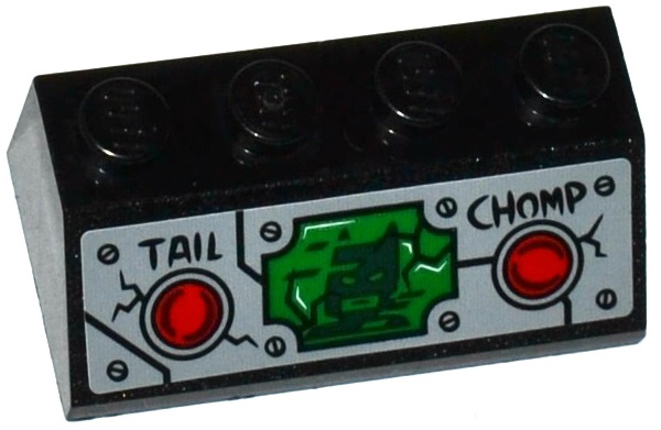 Lego Slope 45 2 x 4 with 2 Red Buttons, 'TAIL', 'CHOMP' and Batman Head on Green Screen Pattern (Sticker) - Set 76055