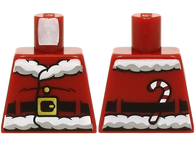 Lego Torso Santa Jacket with White Fur Collar and Waistband, Black Creases and Belt with Gold Buckle, Candy Cane on Back Pattern (BAM) / Dark Red