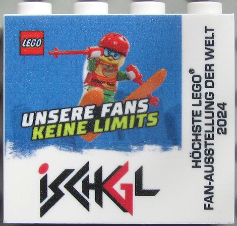 Lego Brick 1 x 4 x 3 with LEGO and Ischgl Logos, 'UNSERE FANS KEINE LIMITS' and 'Höchste LEGO Fan-Ausstellung der Welt 2024' Pattern / White