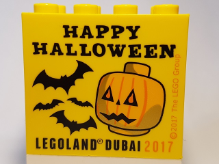 Lego Brick 2 x 4 x 3 with LEGOLAND Dubai 2017 Happy Halloween Pattern / Yellow