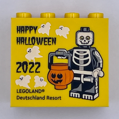 Lego Brick 2 x 4 x 3 with 'LEGOLAND Deutschland Resort HAPPY HALLOWEEN 2022', Skeleton Cosume Minifig Print / Yellow