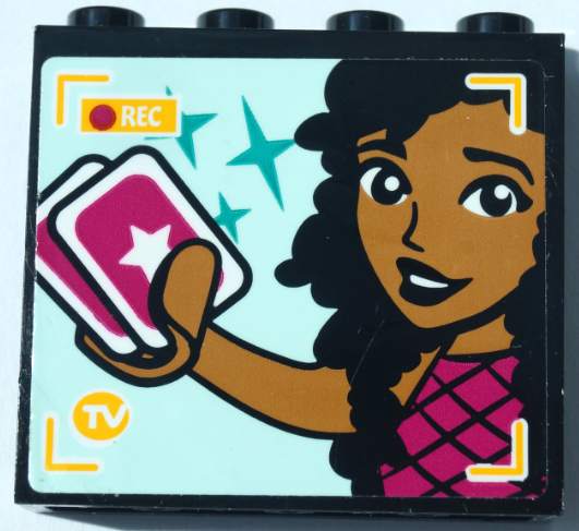 Lego Panel 1 x 4 x 3 with Side Supports - Hollow Studs with Friends Minifigure Holding Playing Cards, 'REC' and Dark Turquoise Stars on TV Screen Pattern (Sticker) - Set 41368 / Black