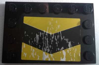 Lego Tile, Modified 4 x 6 with Studs on Edges with Black and Yellow Chevrons and Silver Mud Splatter Pattern (Sticker) - Set 8496