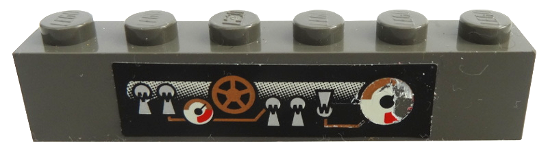 Lego Brick 1 x 6 with Gauges and Pipes Pattern (Sticker) - My Own Train Sets / Dark Gray