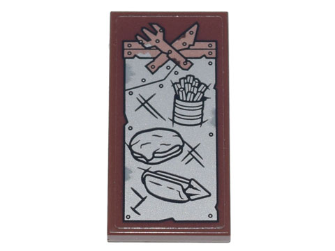 Lego Tile 2 x 4 with Menu of Fries, Parmo, Hot Dog with Harpoon, Copper Crossed Knife and Fork, Silver Metal Plates and Rivets Pattern (Sticker) - Set 70840 / Reddish Brown