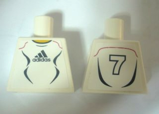 Lego Torso Soccer Uniform White Shirt with Black Adidas Logo, Curved Lines and Number 7 on Back, Yellow Neck Pattern (Stickers) / White