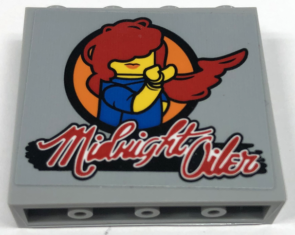 Lego Panel 1 x 4 x 3 with Side Supports - Hollow Studs with Minifigure with Red Hair and 'Midnight Oiler' Pattern Model Left Side (Sticker) - Set 76947