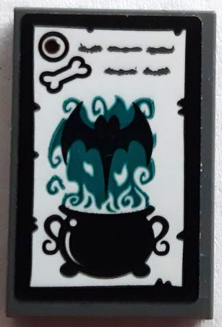 Lego Tile 2 x 3 with Black Cauldron, Eye, Bone and Bat and Dark Turquoise Flames Pattern (Sticker) - Set 41195