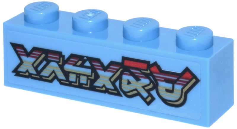 Lego Brick 1 x 4 with Red and Gold Striped Ninjago Logogram 'ARCADE' Pattern (Sticker) - Set 70657 / Medium Blue