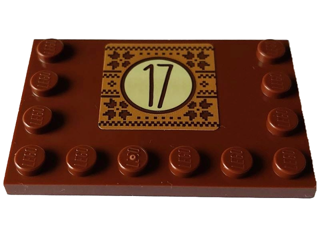 Lego Tile, Modified 4 x 6 with Studs on Edges with Reddish Brown Number 17 in Tan Circle on Fair Isle Square Pattern (Sticker) - Set 4002023