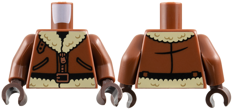 Lego Torso Aviator Bomber Jacket with Pockets, Copper Zipper and Tan Fur Collar and Lining, Black Belt with Buckle Pattern / Reddish Brown Arms / Dark Brown Hands