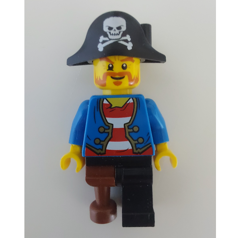 Lego Pirate with Blue Jacket over Red and White Striped Shirt, Peg Leg, and Pirate Hat with Skull