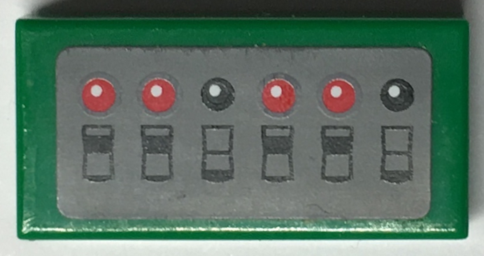 Lego Tile 1 x 2 with Black Switches and Red Lights on Dark Bluish Gray Background Pattern (Sticker) - Sets 7781 / 7787 / Green