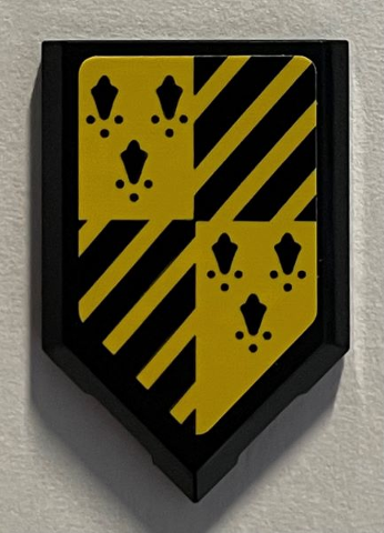 Lego Tile, Modified 2 x 3 Pentagonal with Black and Yellow Hufflepuff Banner with Diagonal Stripes Pattern (Sticker) - Set 76395 / Black