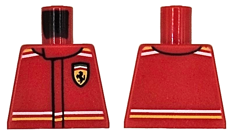 Lego Torso Racing Suit with Ferrari Logo and White and Yellow Stripes on Shoulders and Waist Pattern / Red