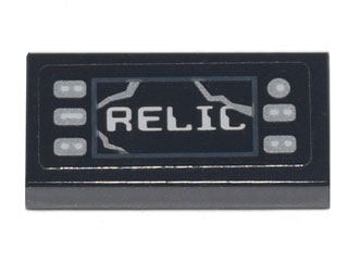 Lego Tile 1 x 2 with 'RELIC', Silver Buttons, and Cracked Screen Pattern (Sticker) - Set 70840 / Black