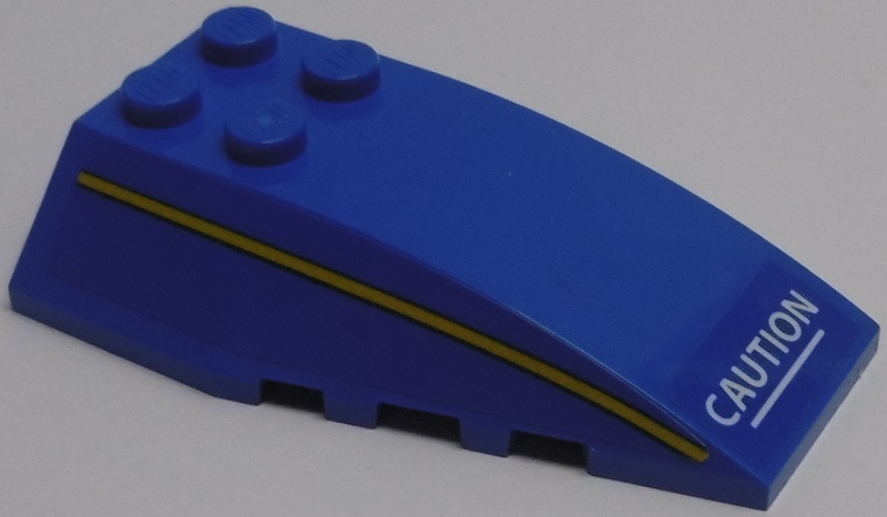 Lego Wedge 6 x 4 Triple Curved with White 'CAUTION' and Yellow Stripe Pattern Model Right Side (Stickers) - Set 70614 / Blue