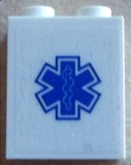 Lego Brick 1 x 2 x 2 with Inside Stud Holder with Blue EMT Star of Life on Transparent Background Pattern (Sticker) - Set 60023
