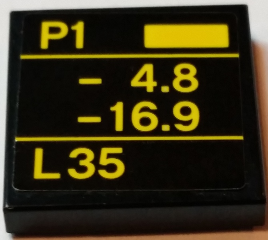 Lego Tile 2 x 2 with Yellow Lines and 'P1', '- 4.8', '-16.9' and 'L35' on Black Background Pattern (Sticker) - Set 75913