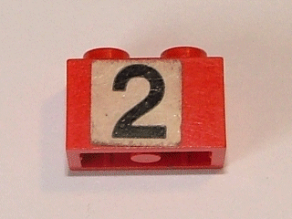 Lego Brick 1 x 2 with Black '2' on White Background Pattern (Sticker) - Set 148 / Red