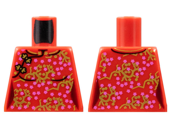Lego Torso Female Oriental Dress with Dark Pink Flowers on Gold Branches Pattern (BAM) / Red