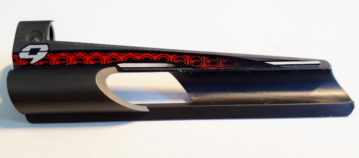Lego Technic, Panel Fairing # 8 Small Long, Large Hole, Side B with Stylized Silver Number 9 and Black and Red Pattern (Sticker) - Set 8353 / Pearl Dark Gray
