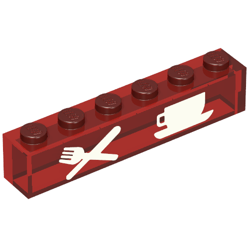 Lego Brick 1 x 6 with No Bottom Tubes with White Knife & Fork, Cup & Saucer Print