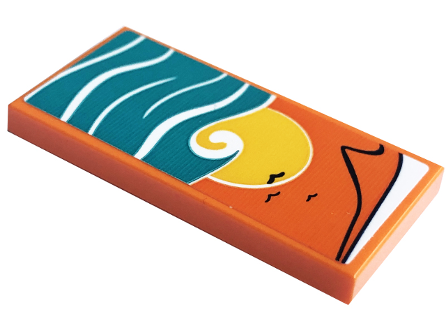 Lego Tile 2 x 4 with Blanket with Dark Turquoise Sea and Wave, Black Birds and Yellow Sun Pattern (Sticker) - Set 41754