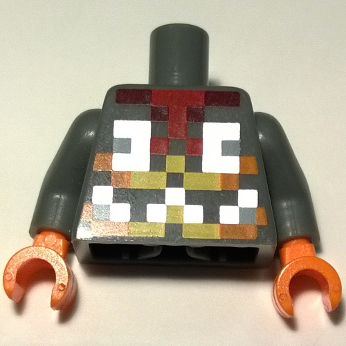 Lego Torso Pixelated Orange, Yellow and Silver Armor Print, Dark Bluish Arms, Orange Hands / Dark Bluish Gray