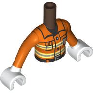 Lego Minidoll Torso Woman with Reddish Brown Arms and White Hands with Reddish Orange Firefighter Uniform, Bright Light Yellow/Silver Safety Stripes, Black Belt print