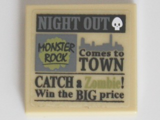 Lego Tile 2 x 2 with Newspaper 'NIGHT OUT', 'MONSTER ROCK', 'Comes to TOWN' and 'CATCH a Zombie! Win the BIG price' Pattern (Sticker) - Set 10228 / Tan