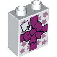 Lego Duplo, Brick 1 x 2 x 2 with Present / Gift with Bow and Stars Pattern