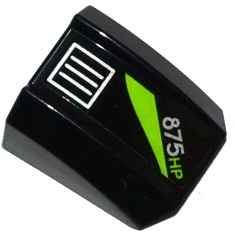 Lego Slope, Curved 2 x 2 Lip with Silver Grille, Lime Stripe and '875HP' Pattern (Sticker) - Set 60085 / Black