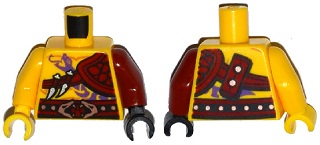 Lego Torso Ninjago Bare Chest Muscles, Purple Snake Tattoo, Shoulder Pad, Snake Buckle Pattern / Dark Red Arm and Black Hand Left / Yellow Arm and Hand Right