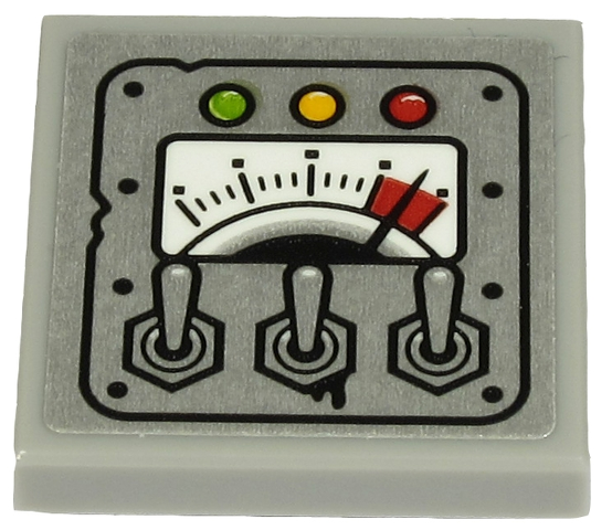 Lego Tile, Modified 2 x 2 Inverted with Gauge, 3 Levers and Green, Yellow and Red Lights on Metal Plate Pattern (Sticker) - Set 70432 / Light Bluish Gray