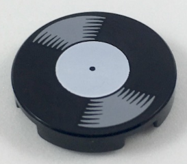Lego Tile, Round 2 x 2 with Bottom Stud Holder with Vinyl Record with White Label Pattern / Black