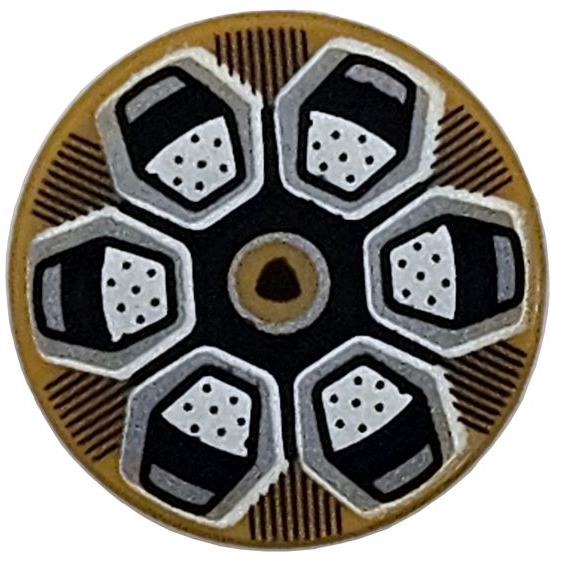 Lego Tile, Round 2 x 2 with Bottom Stud Holder with Wheel Rim with Silver Hexagonal Spokes, Black Lines and Lamborghini Logo Pattern
