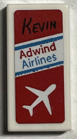 Lego Tile 1 x 2 with 'KEVIN', 'Adwind Airlines', and White Airplane on Red Background Pattern (Sticker) - Set 21330 / White