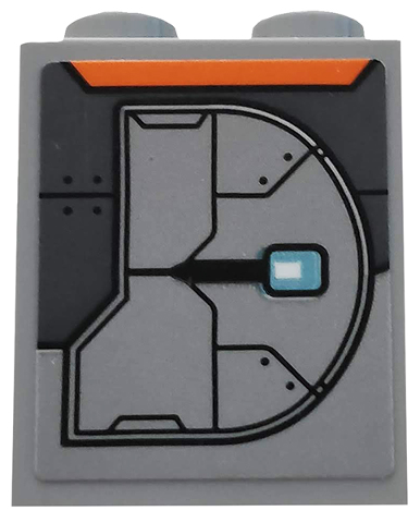 Lego Panel 1 x 2 x 2 with Side Supports - Hollow Studs with Dark Bluish Gray Armor Plates and Orange Trapezoid Pattern Model Right Side (Sticker) - Set 76102