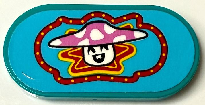 Lego Tile, Round 2 x 4 Oval with Dreamling Mushroom with Black Eyes and Mouth, Dark Pink Hat with White Spots and Red and Yellow Border Pattern (Sticker) - Set 71461